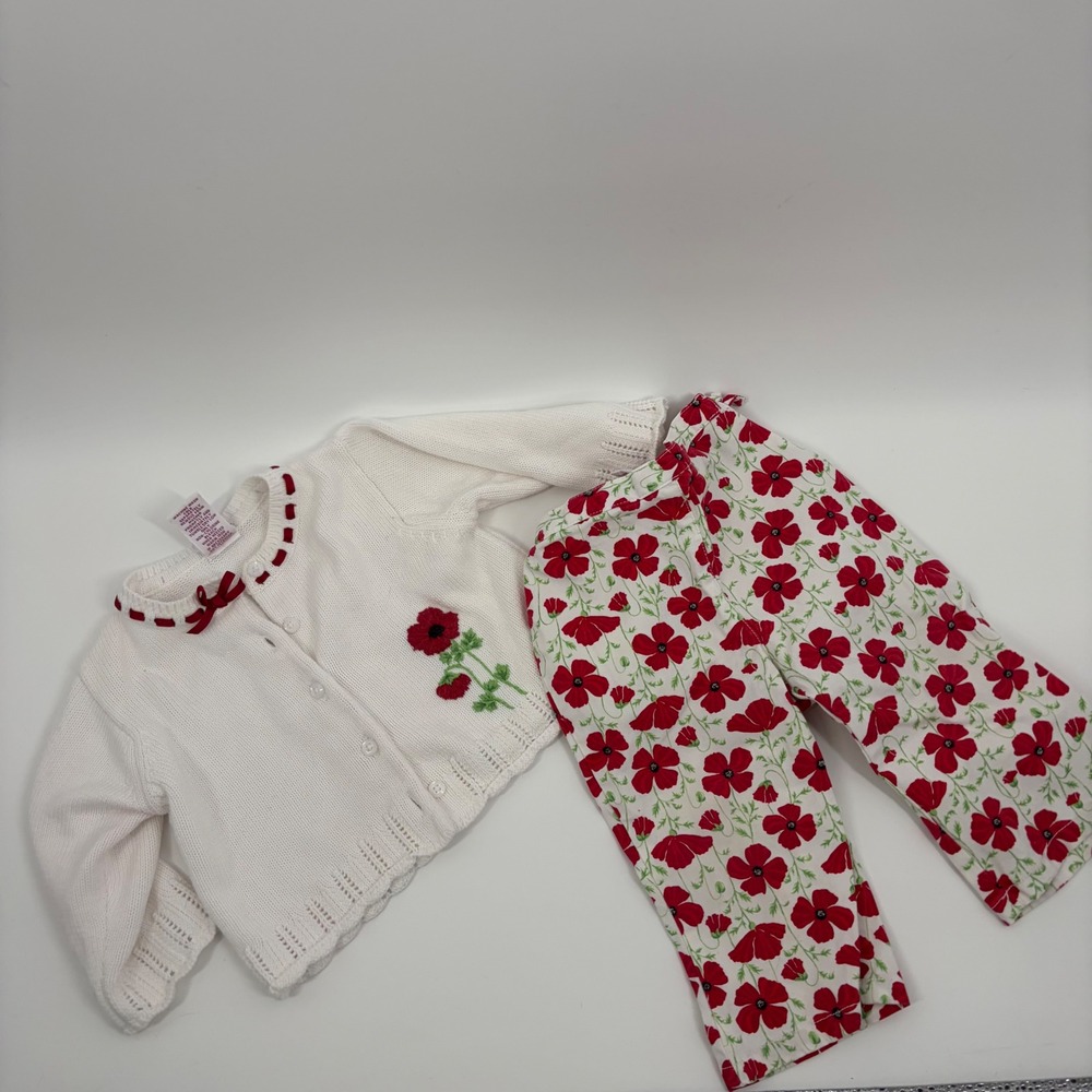 Vintage 2002 Gymboree Baby Girl Red Poppy Floral Cardigan and Pants Set 6-12M